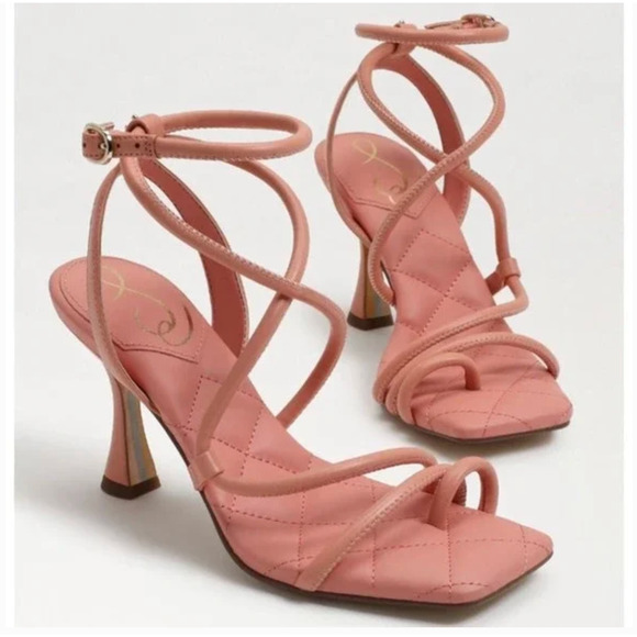 NWOT SAM EDELMAN Maven Strappy Heeled SANDALS 6.5 Square Toe Pink Quilted - Picture 1 of 9
